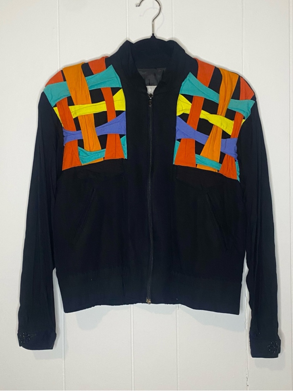 Black Bomber Jacket with Multicolor Woven Shoulder Panels